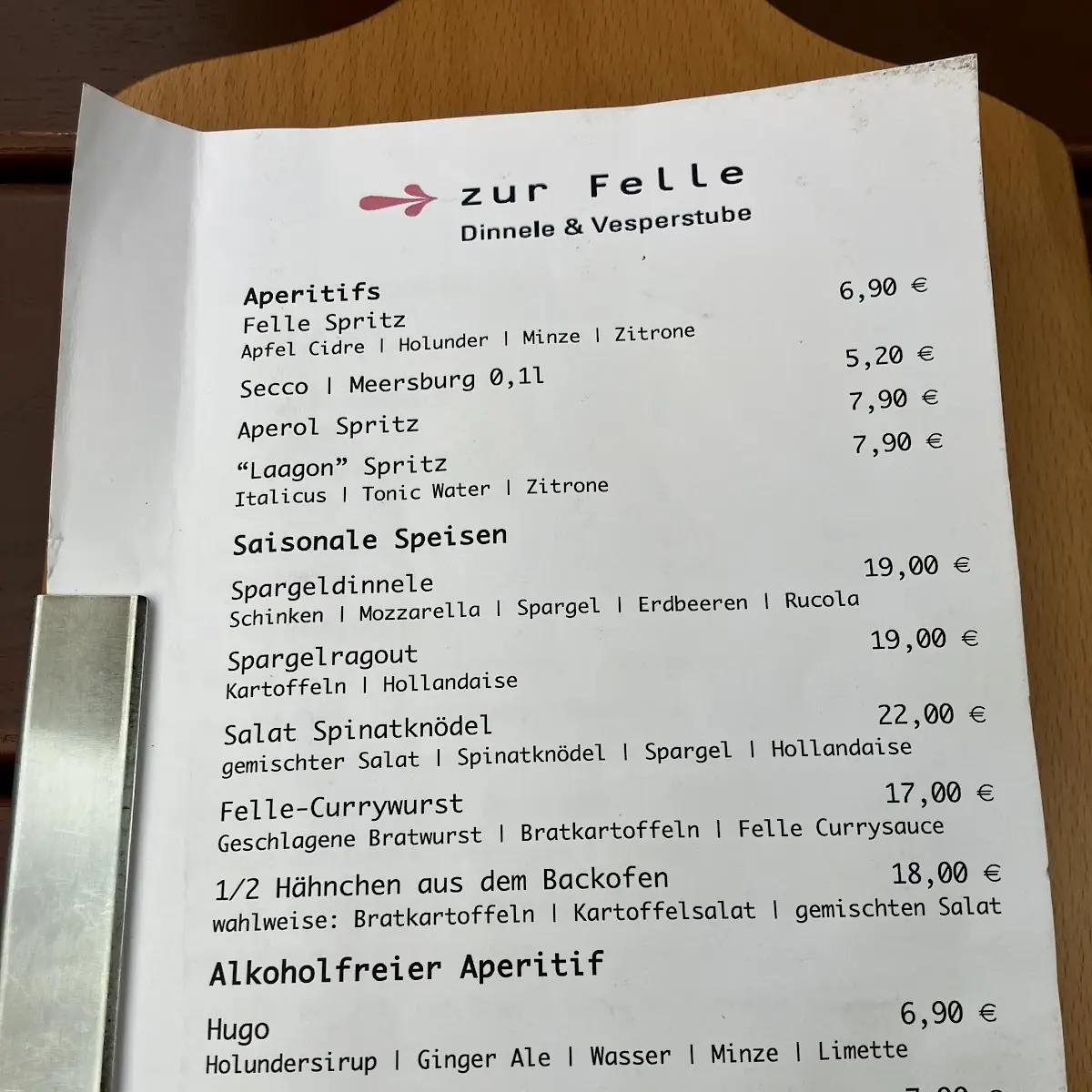 Speisekarte, Zur Felle - Dinnele & Vesperstube