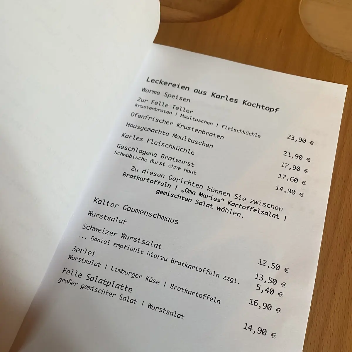 Speisekarte, Zur Felle - Dinnele & Vesperstube