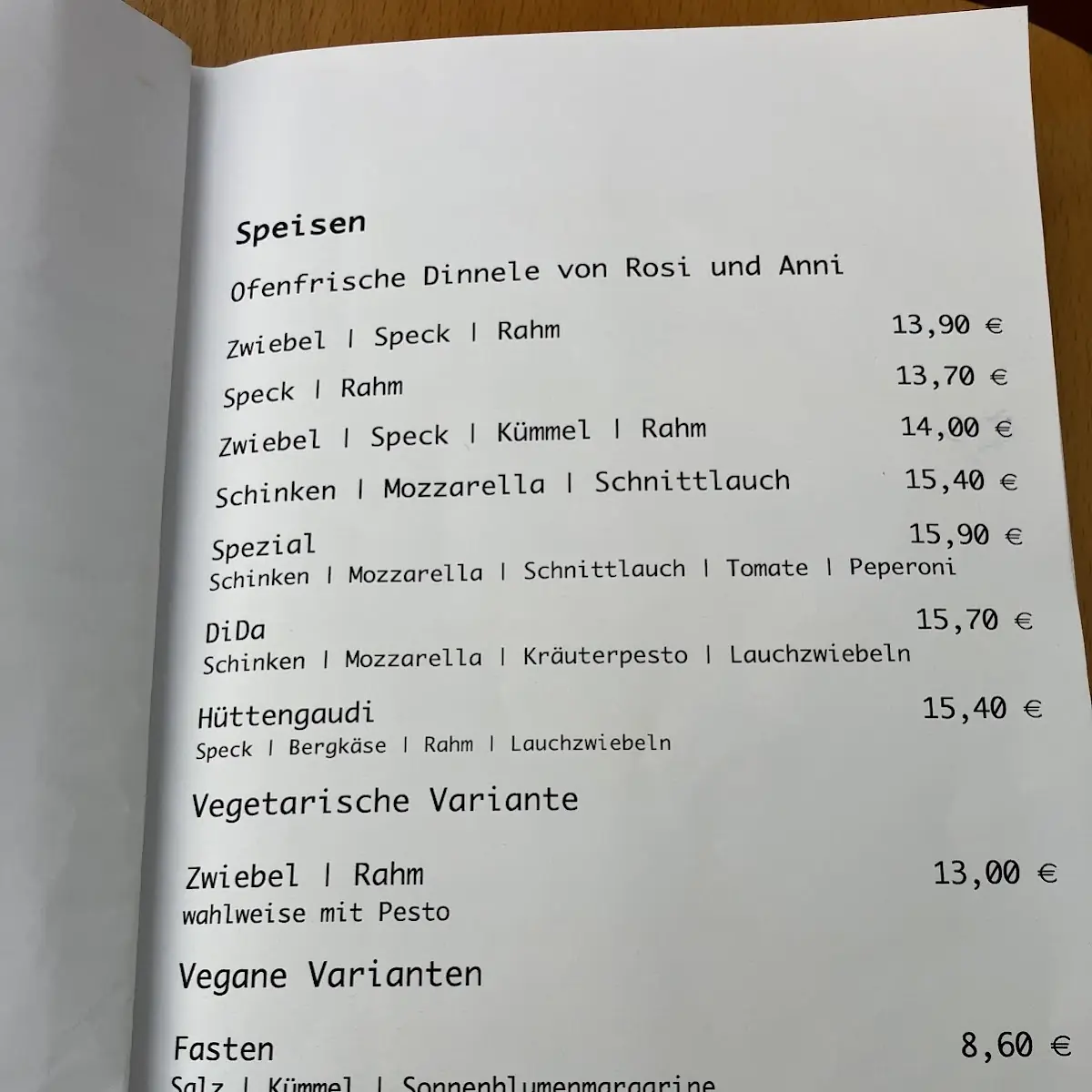 Speisekarte, Zur Felle - Dinnele & Vesperstube