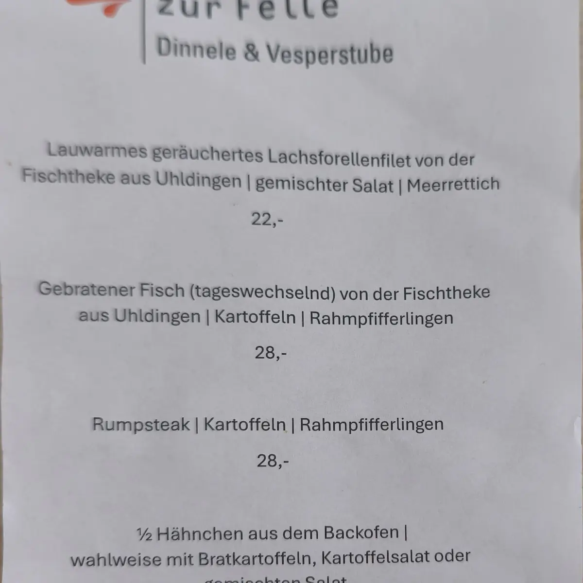 Speisekarte, Zur Felle - Dinnele & Vesperstube
