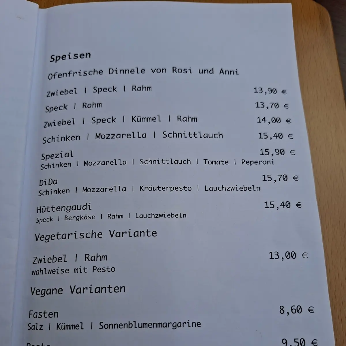 Speisekarte, Zur Felle - Dinnele & Vesperstube