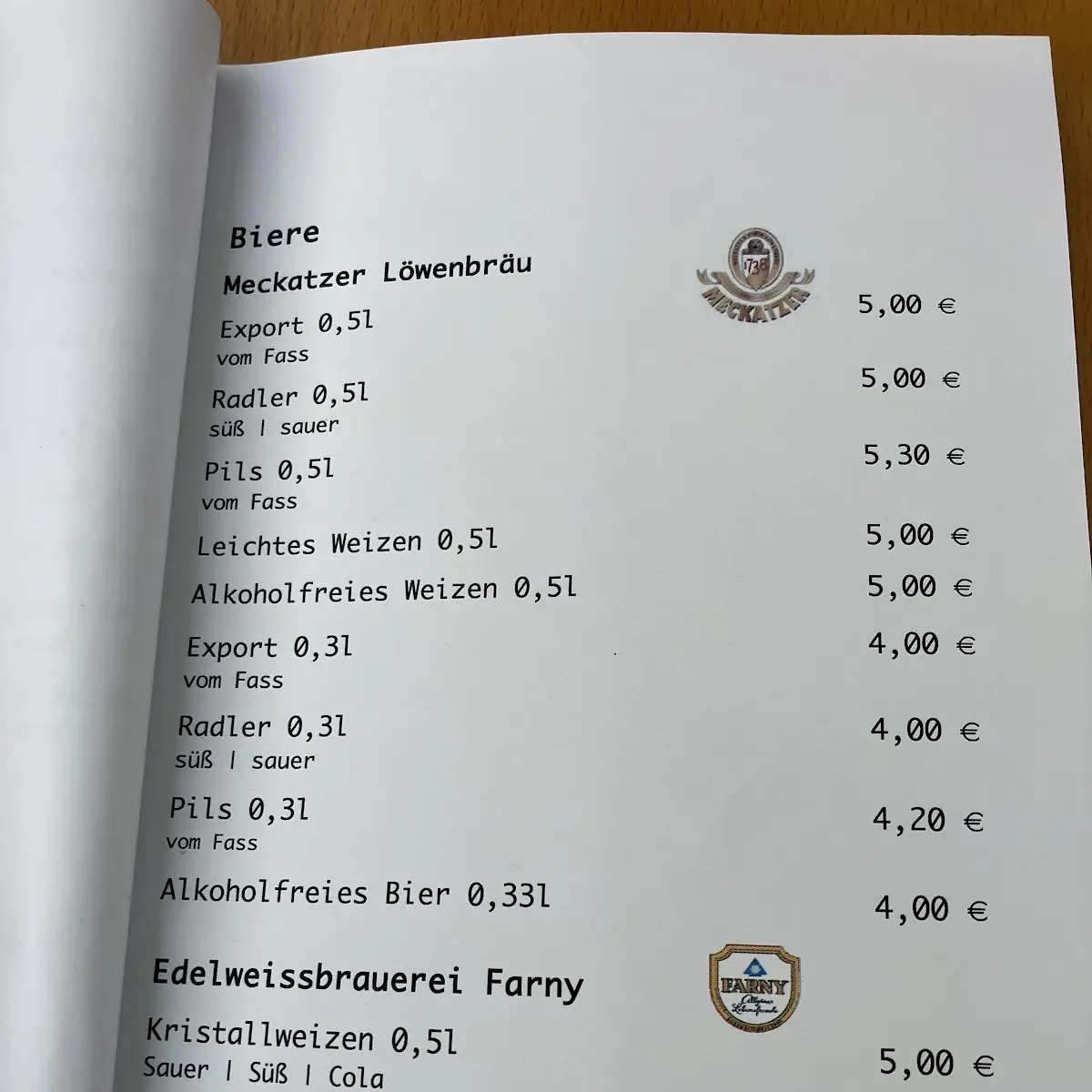 Speisekarte, Zur Felle - Dinnele & Vesperstube