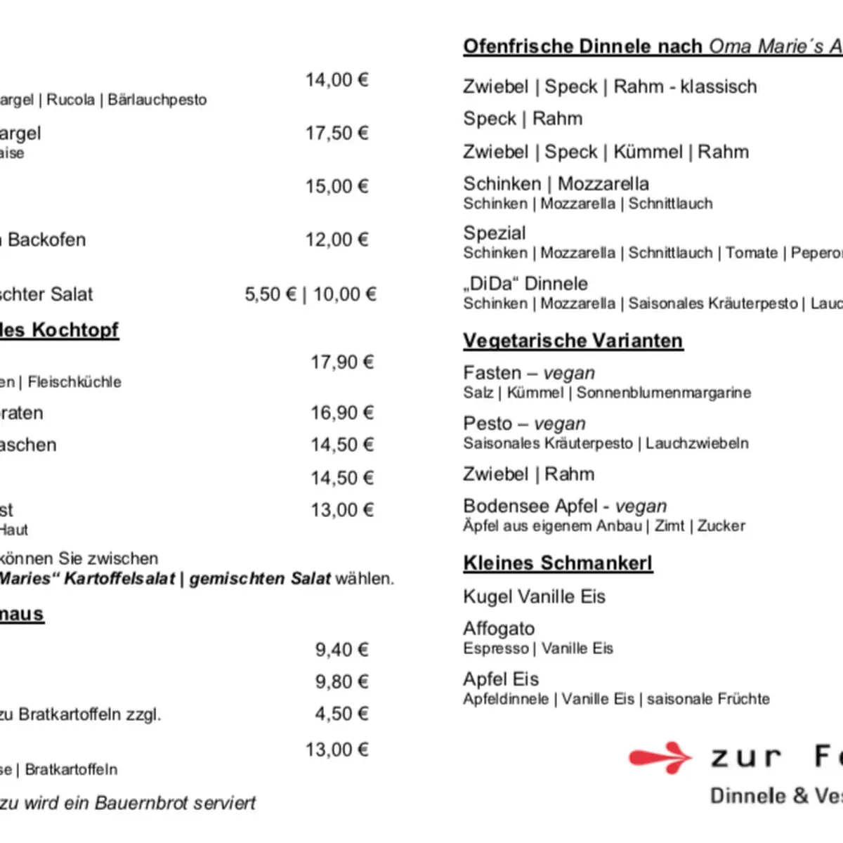 Speisekarte, Zur Felle - Dinnele & Vesperstube