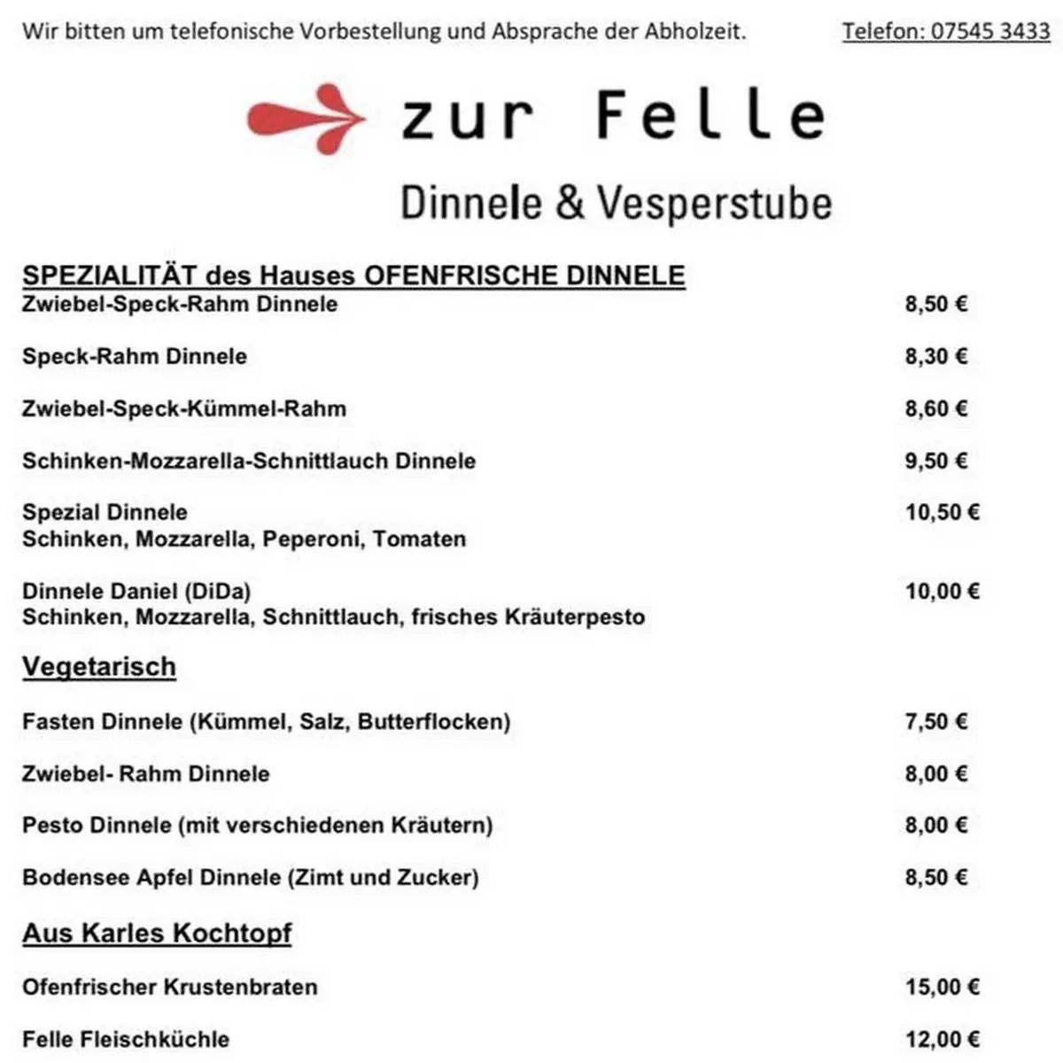Speisekarte, Zur Felle - Dinnele & Vesperstube