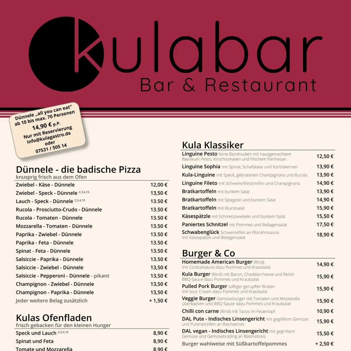 Speisekarte, Kula-Bar