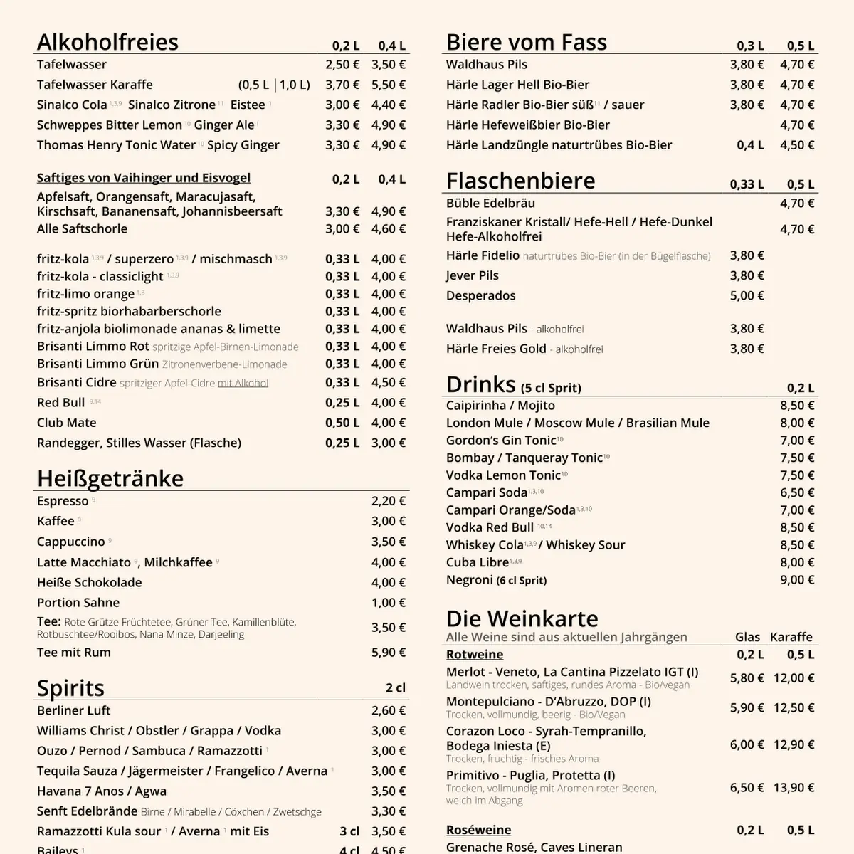 Speisekarte, Kula-Bar