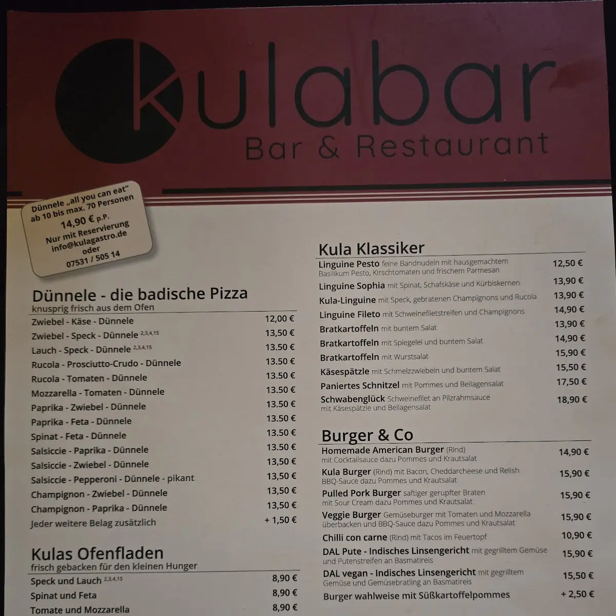 Speisekarte, Kula-Bar