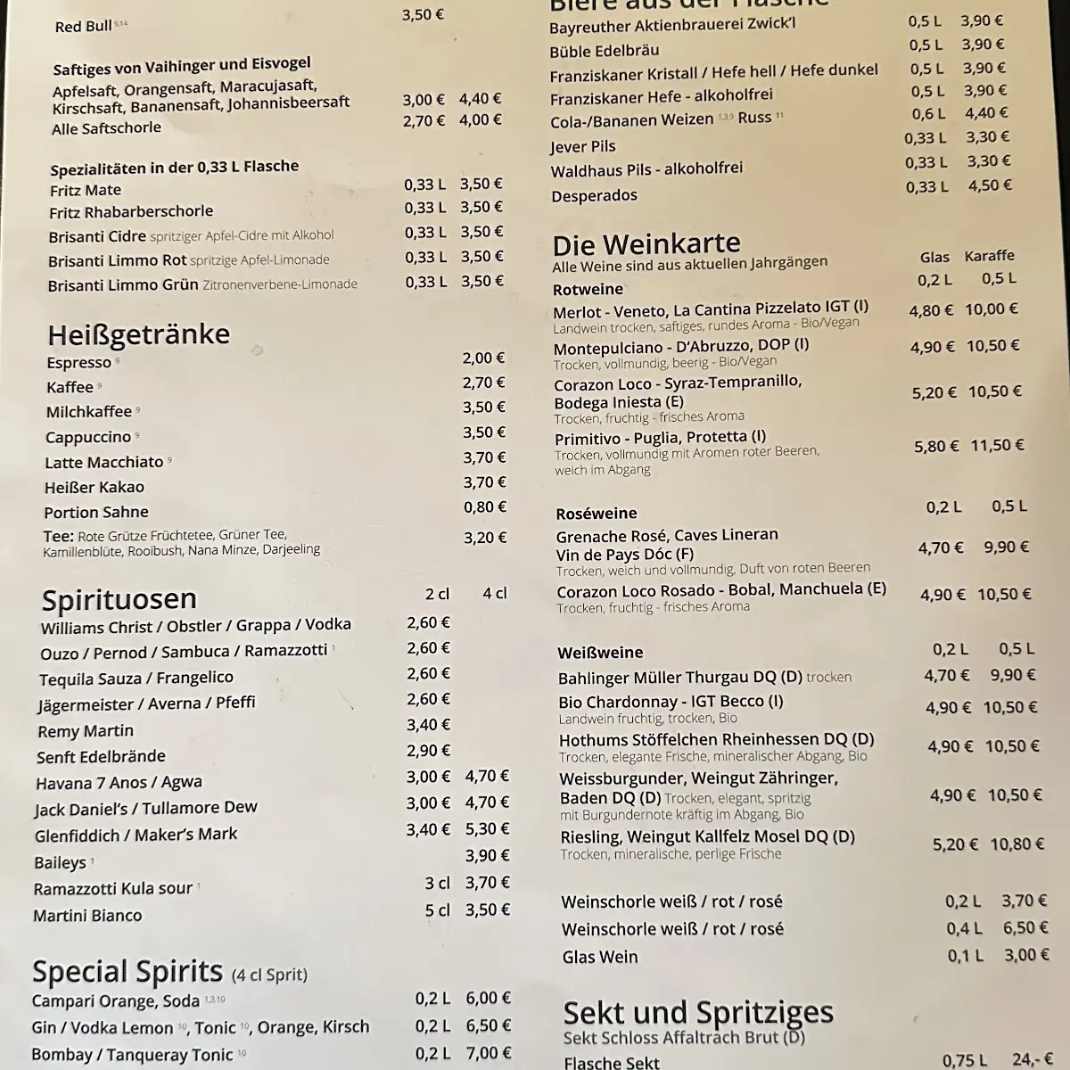 Speisekarte, Kula-Bar