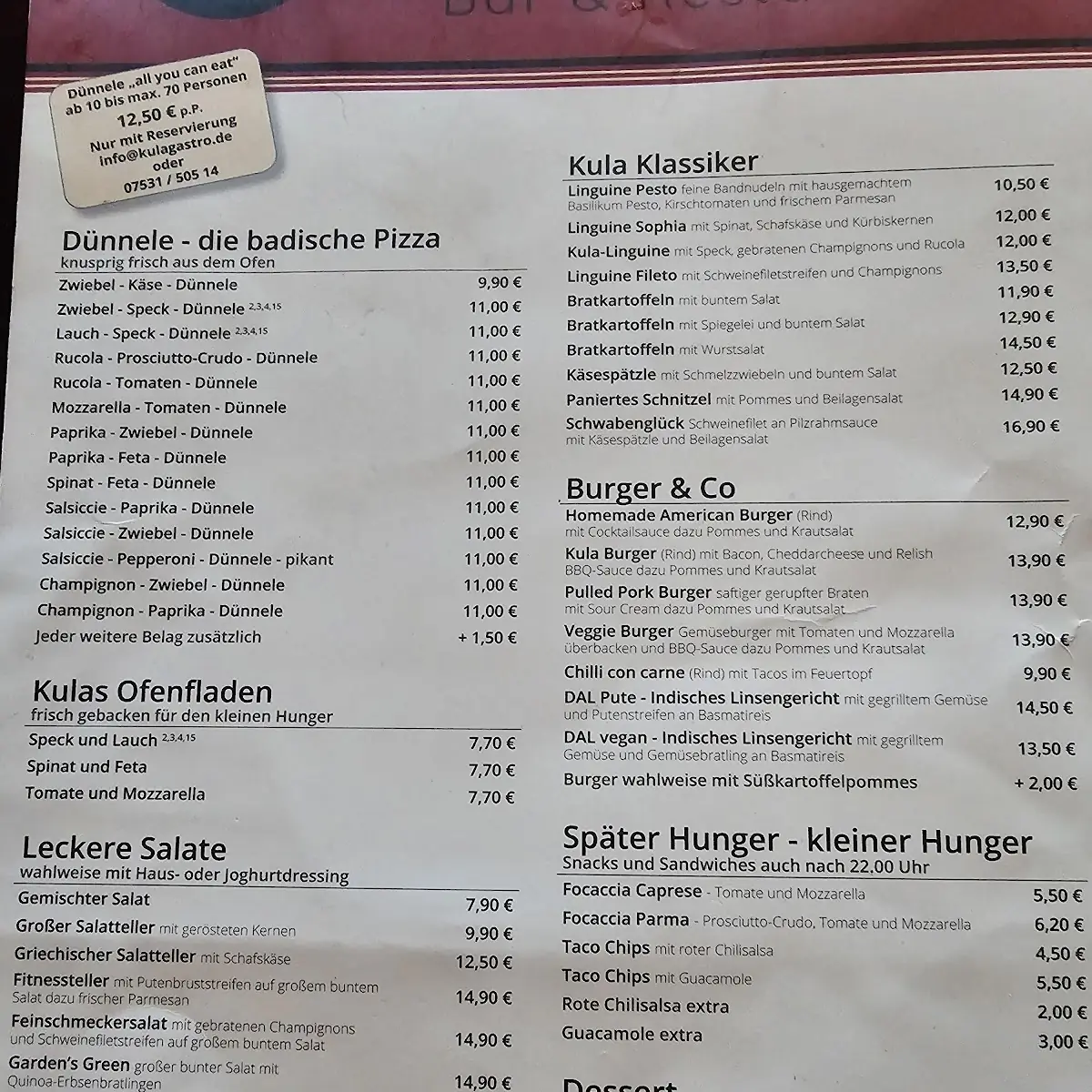 Speisekarte, Kula-Bar