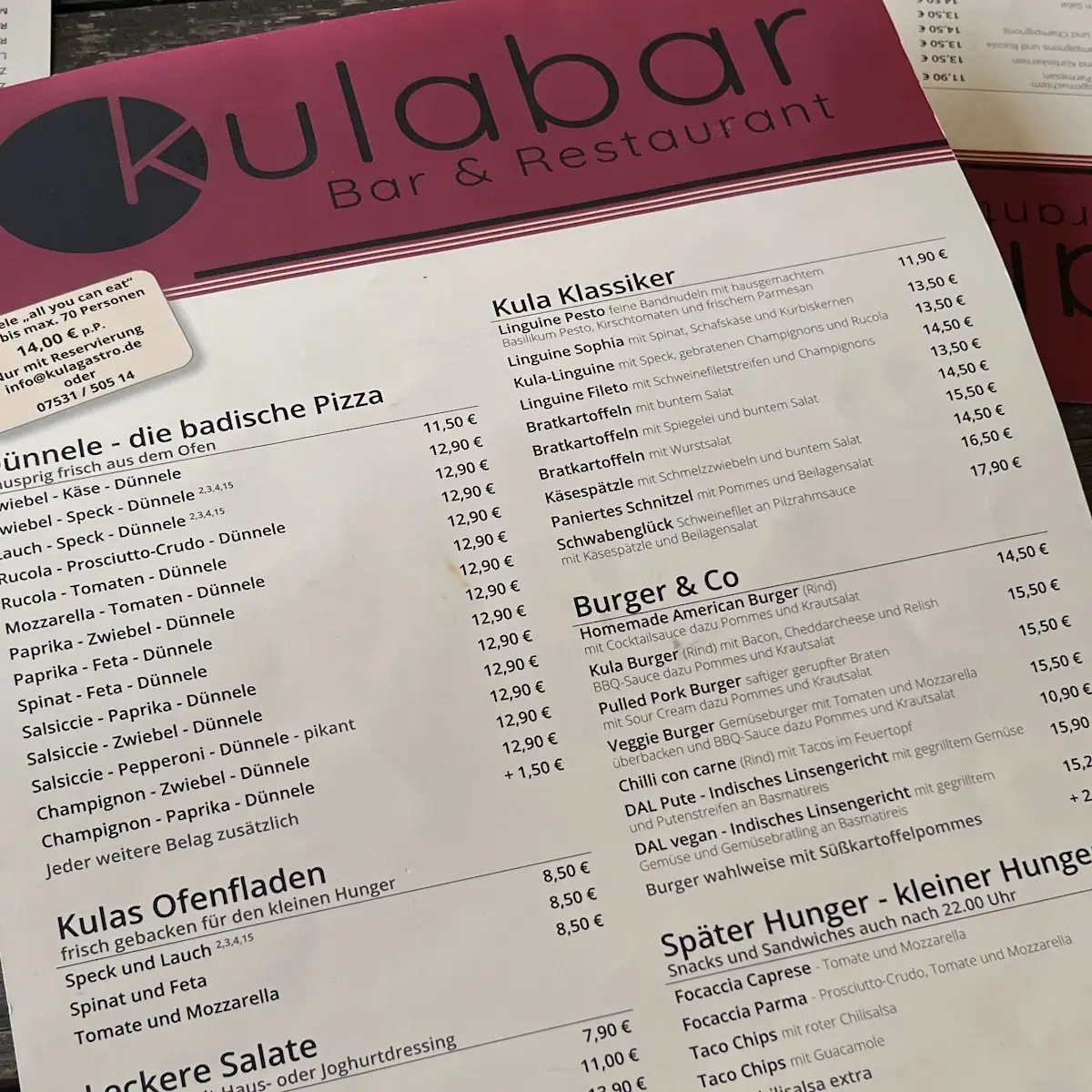 Speisekarte, Kula-Bar