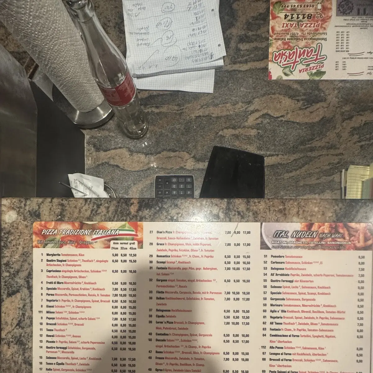 Speisekarte, Pizzeria Fantasia