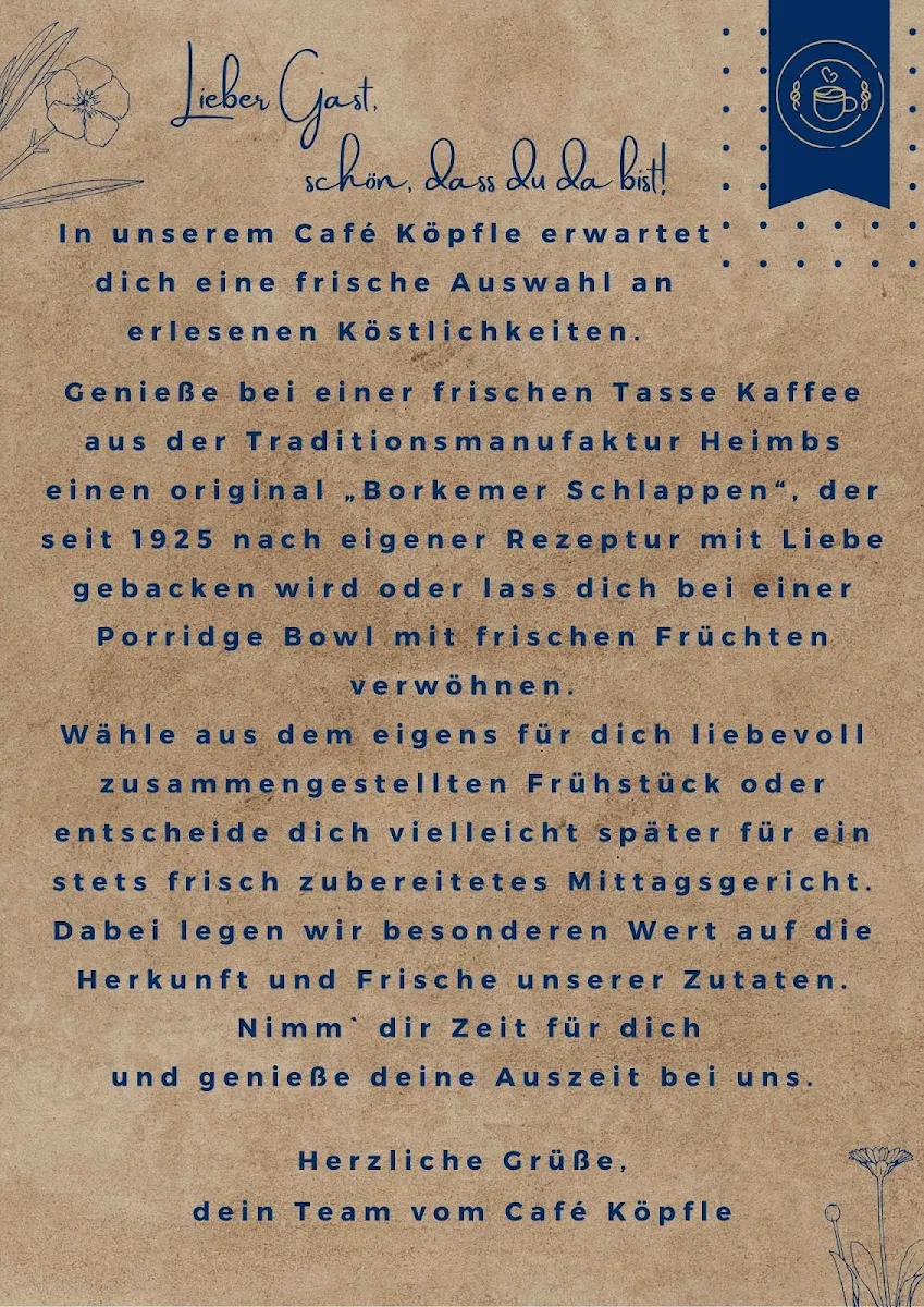 Speisekarte, Café Köpfle