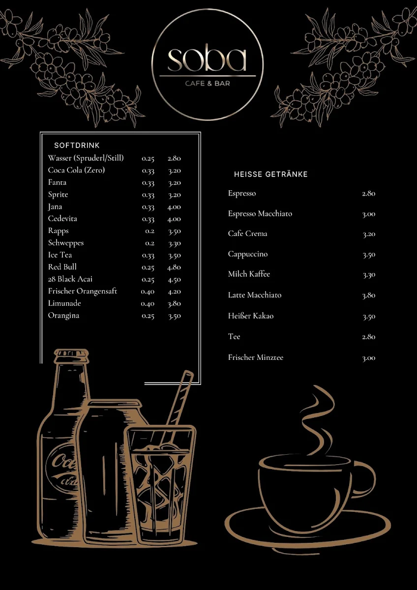 Speisekarte, Cafe Bar Soba