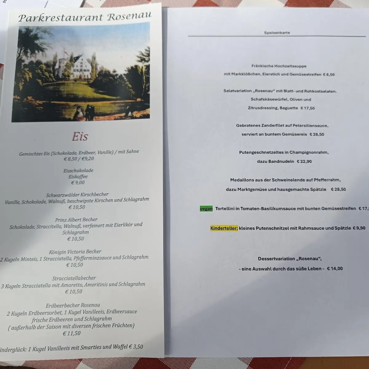 Speisekarte, Parkrestaurant Rosenau