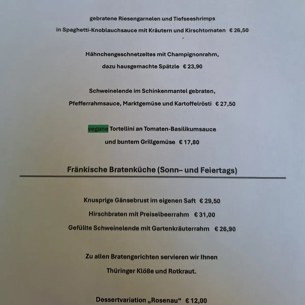 Speisekarte, Parkrestaurant Rosenau