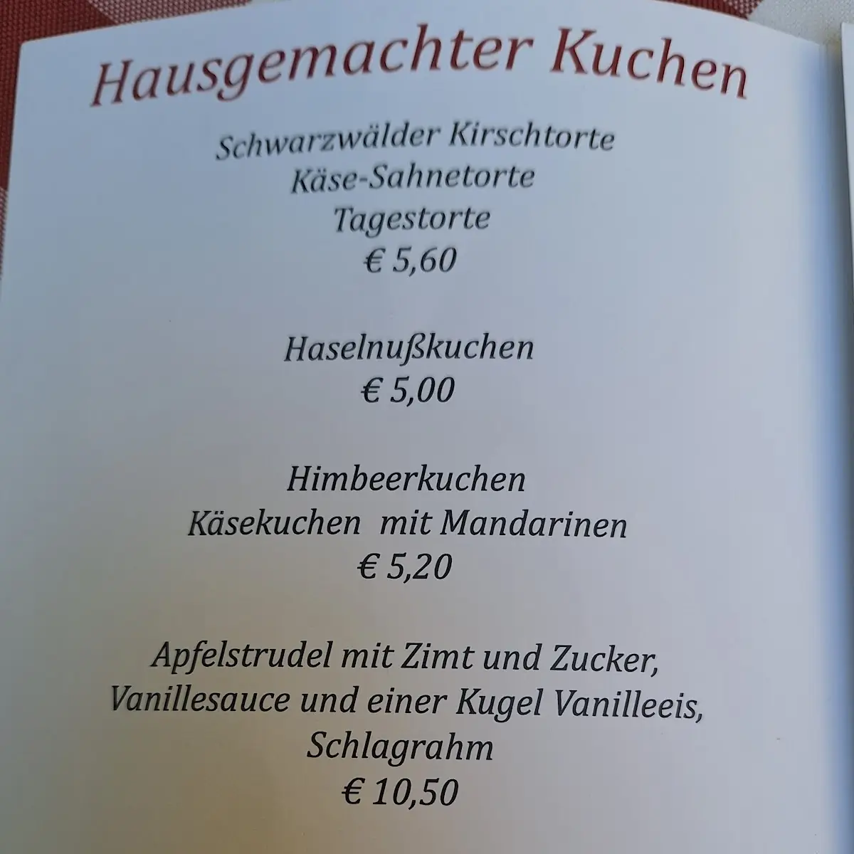 Speisekarte, Parkrestaurant Rosenau