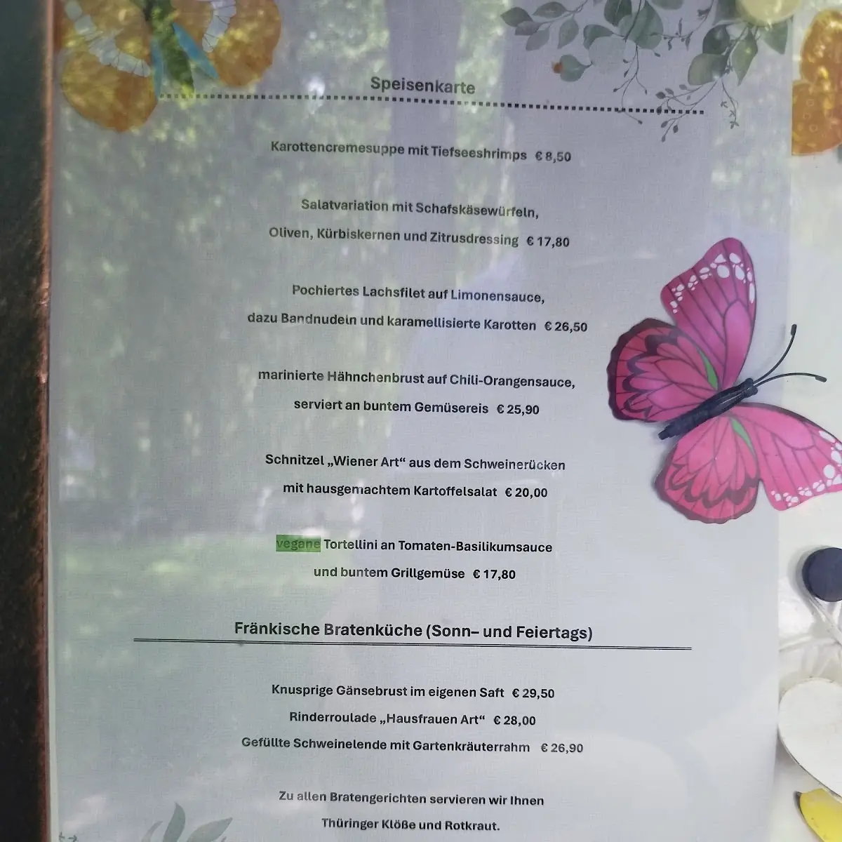 Speisekarte, Parkrestaurant Rosenau