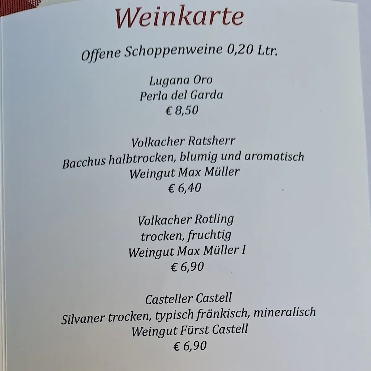Speisekarte, Parkrestaurant Rosenau