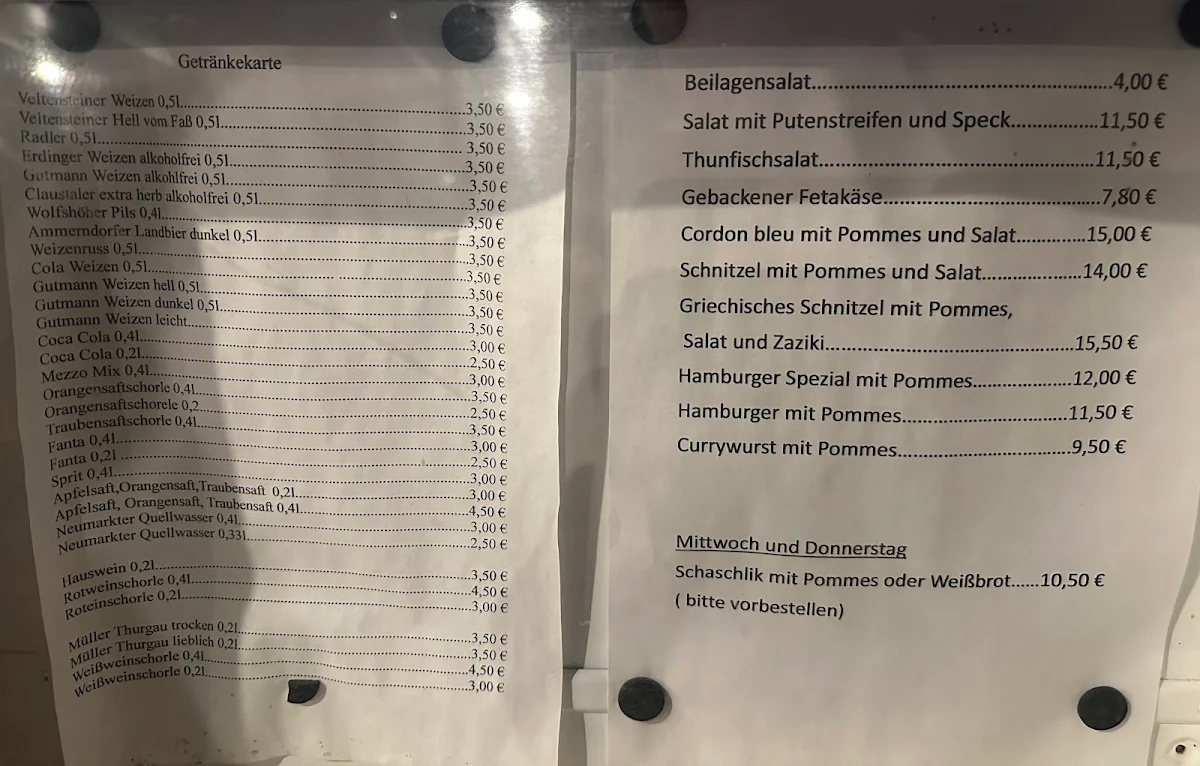 Speisekarte, Gasthaus Anita und Siegfried Susser
