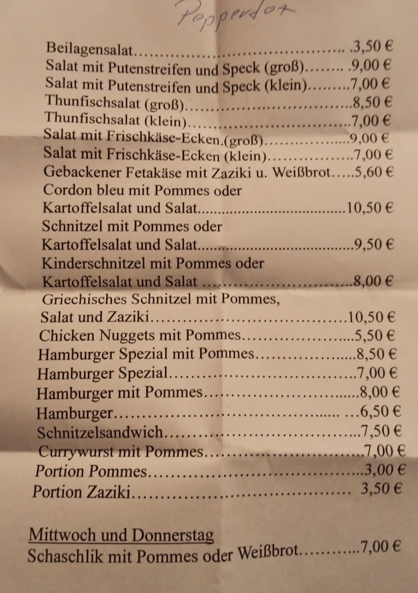 Speisekarte, Gasthaus Anita und Siegfried Susser