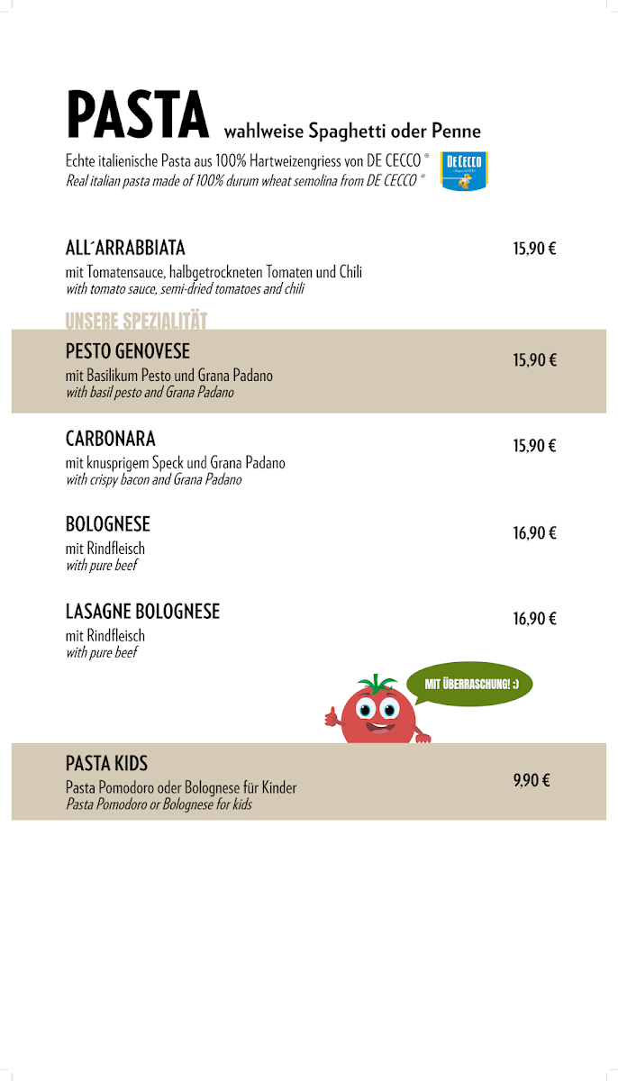 Speisekarte, Bistrot Restaurant