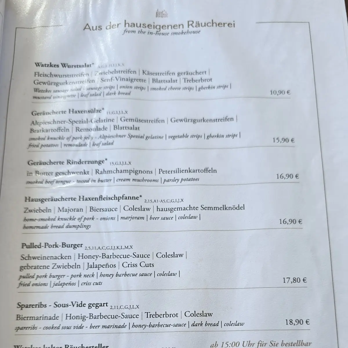 Speisekarte, Watzke Brauereiausschank Am Ring