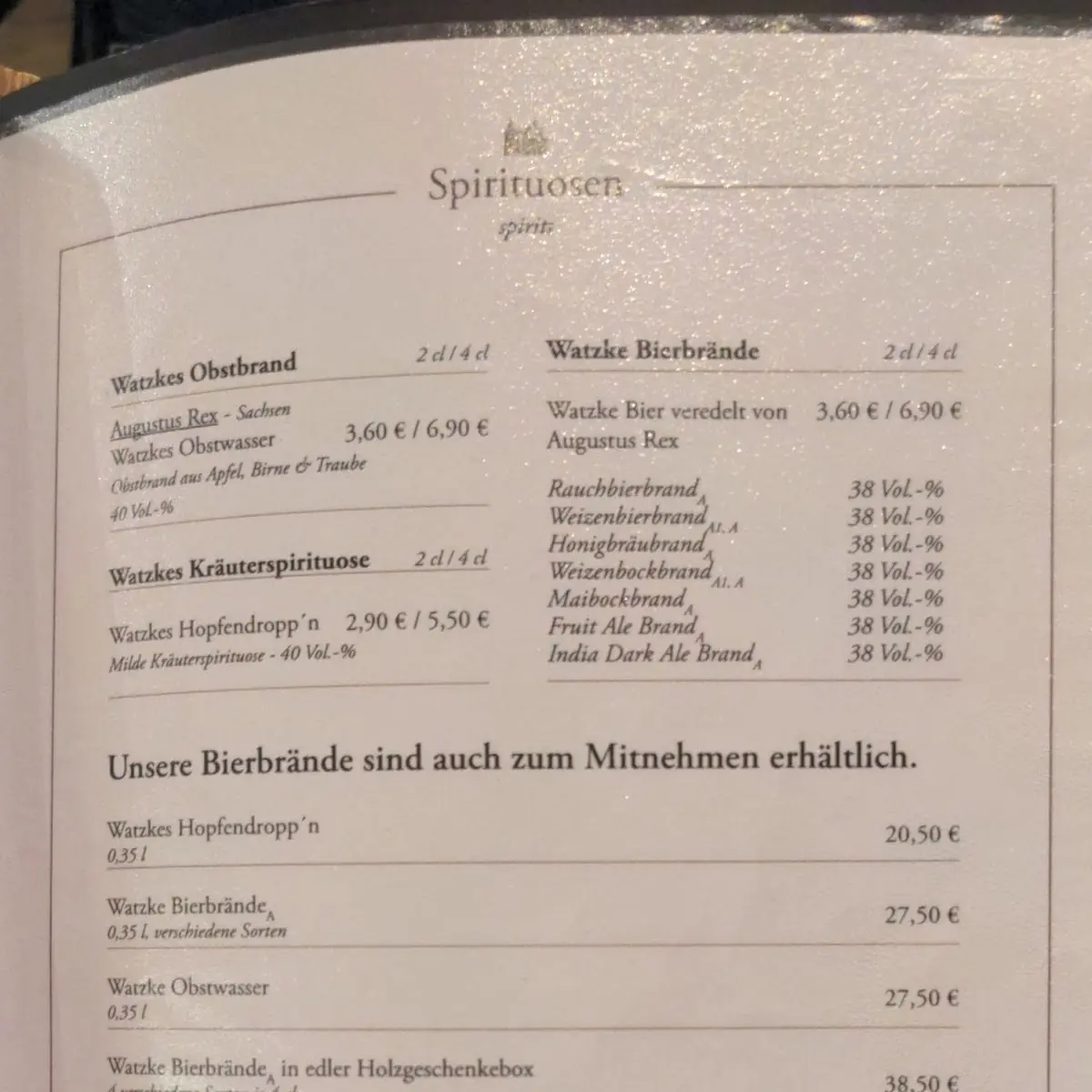 Speisekarte, Watzke Brauereiausschank Am Ring