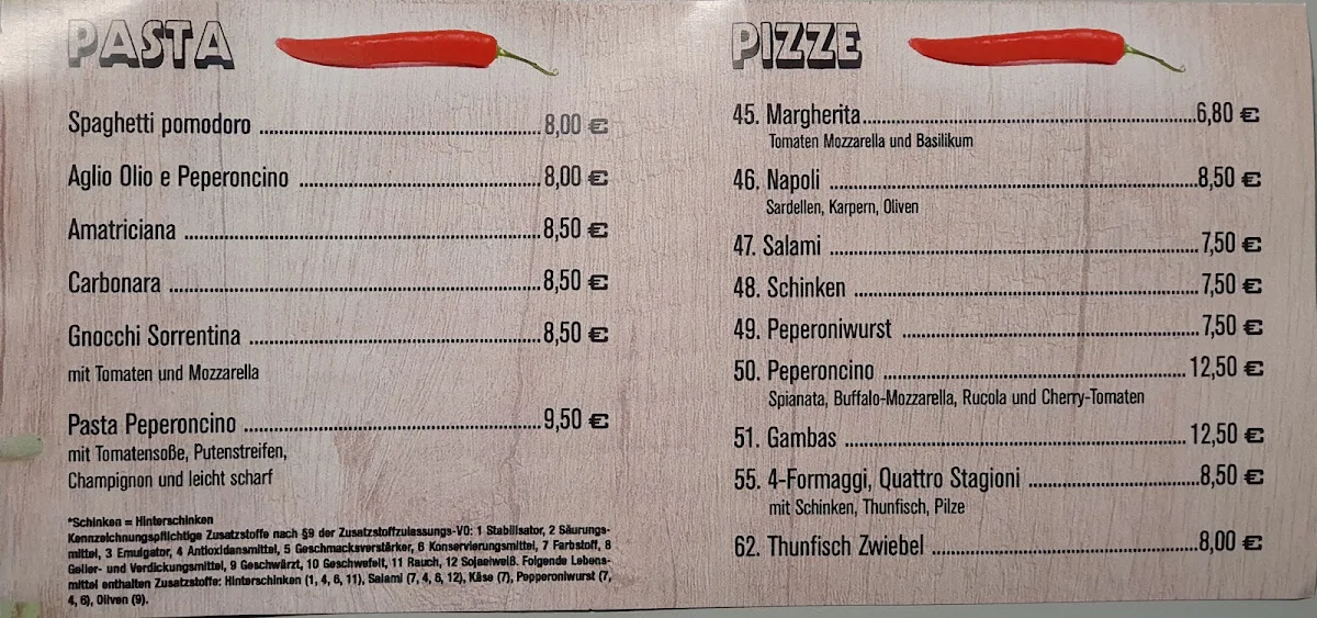 Speisekarte, Bistrorante Peperoncino