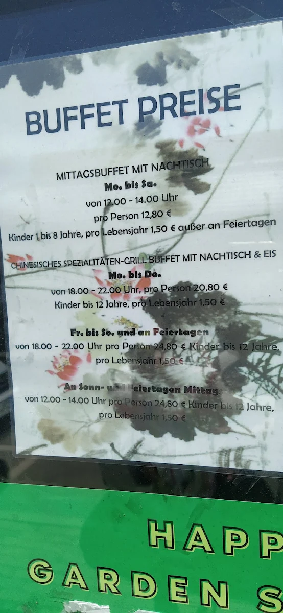Speisekarte, Happy Garden Buffet World GmbH