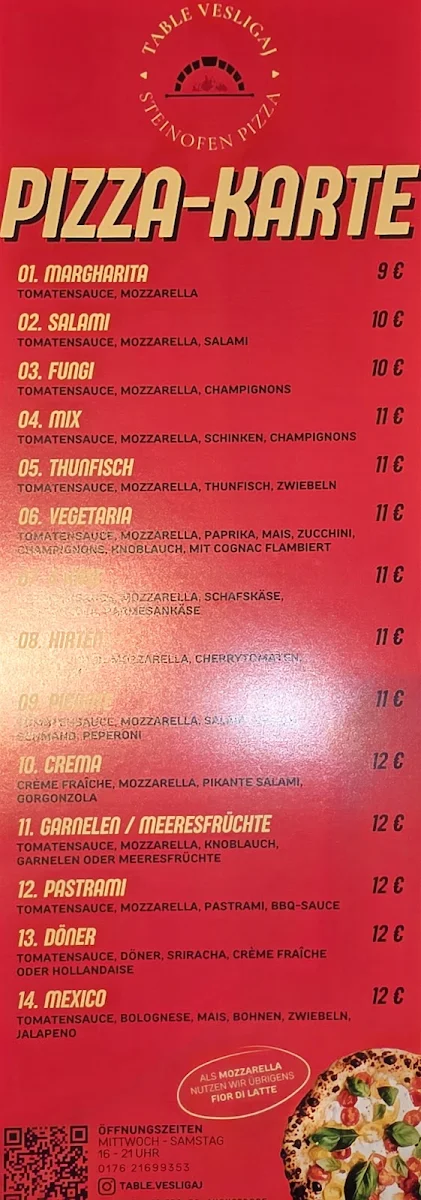 Speisekarte, Steinofen Pizza "Table Vesligaj"