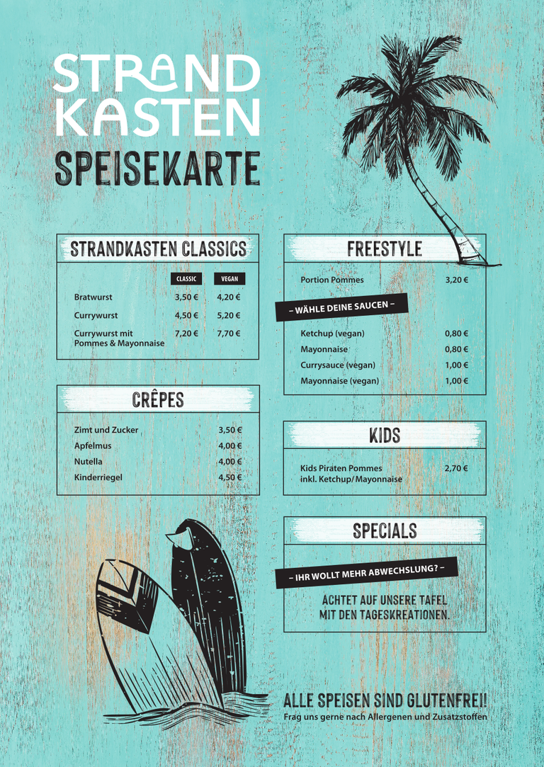 Speisekarte, Strandkasten Snack Crew