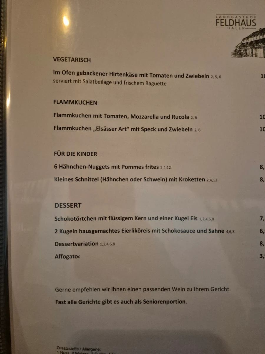 Speisekarte, Landgasthof Feldhaus
