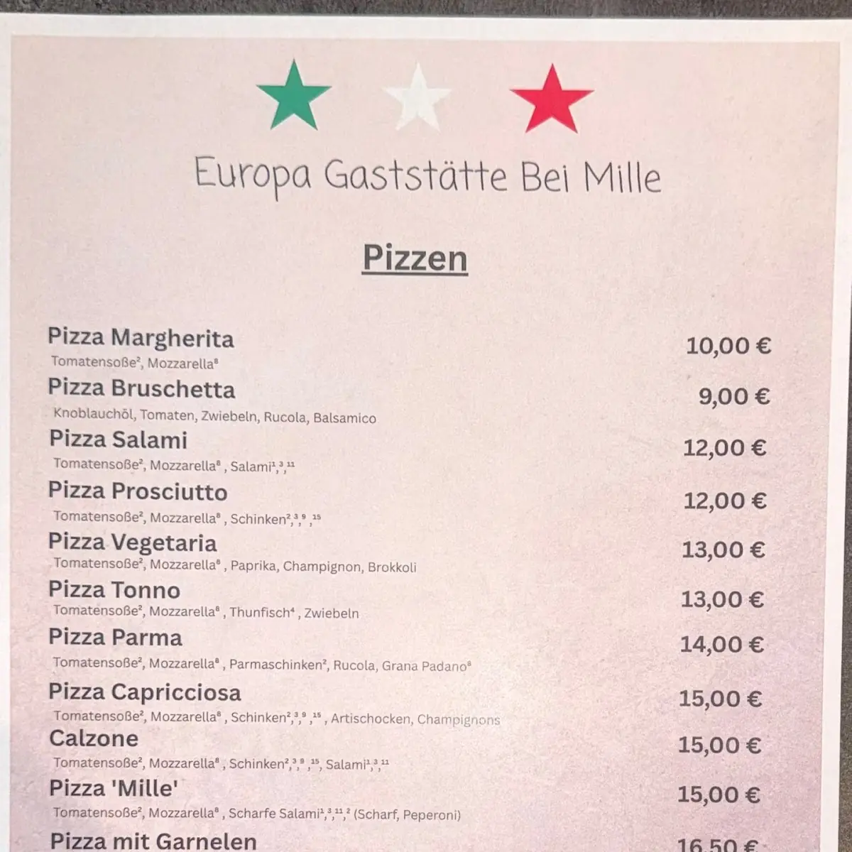 Speisekarte, Europa-Gaststätte „Bei Mille“