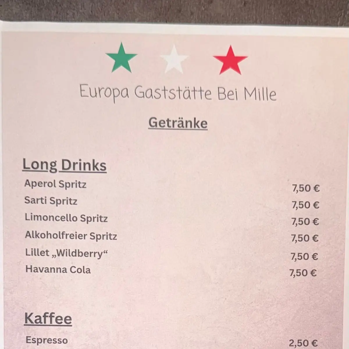 Speisekarte, Europa-Gaststätte „Bei Mille“