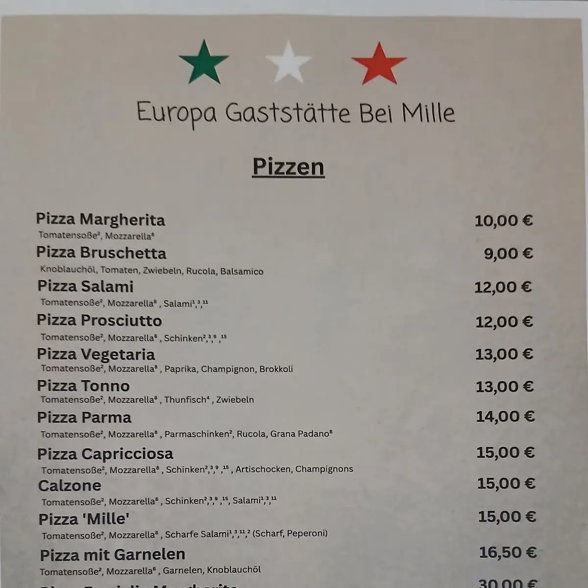 Speisekarte, Europa-Gaststätte „Bei Mille“