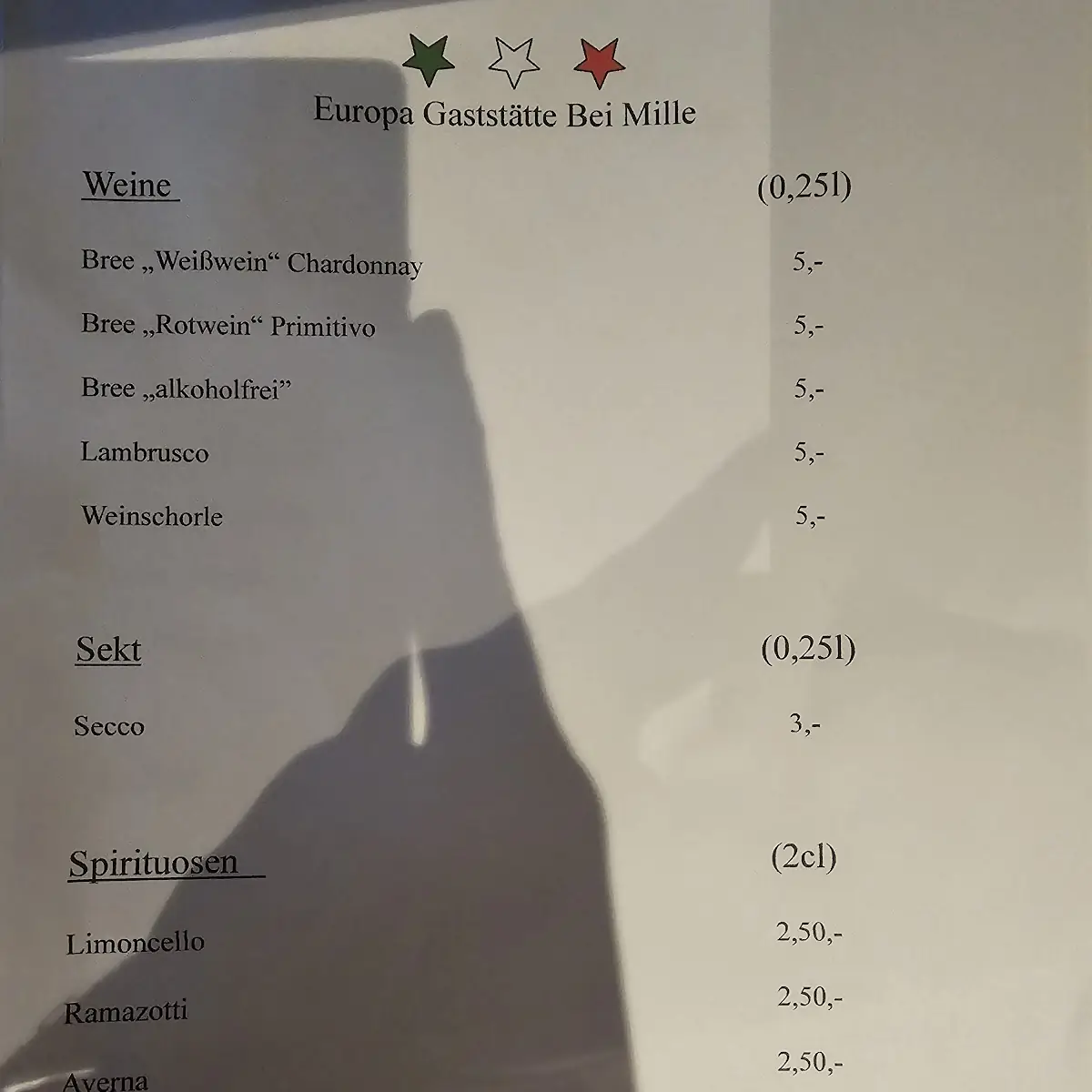 Speisekarte, Europa-Gaststätte „Bei Mille“