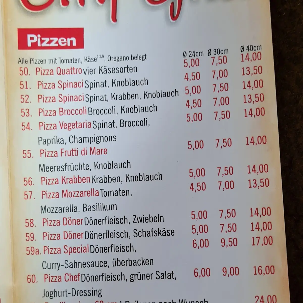Speisekarte, City Grill