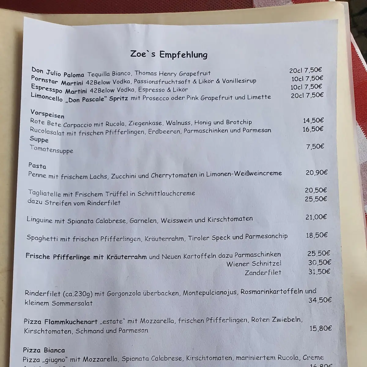 Speisekarte, Trattoria Zoe