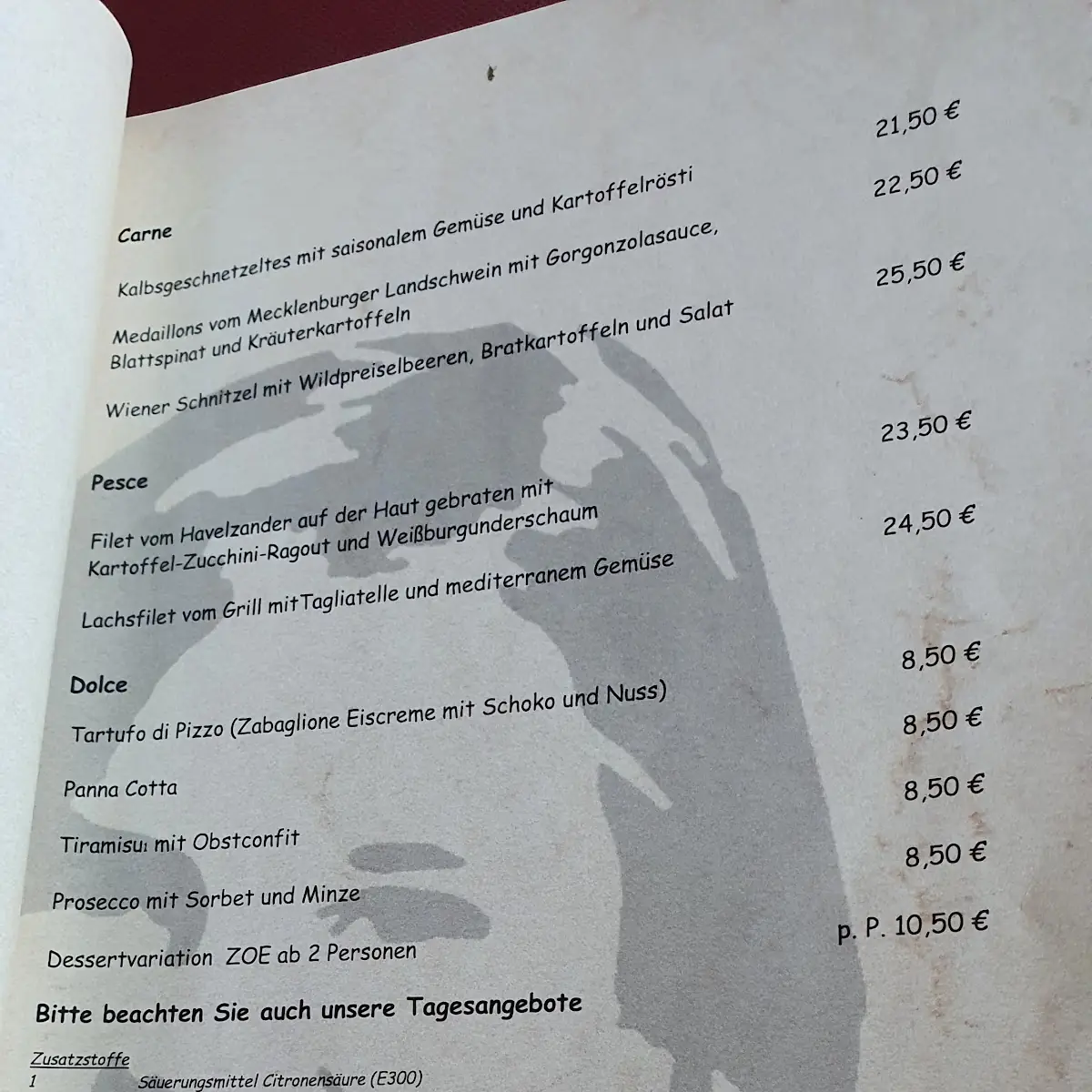 Speisekarte, Trattoria Zoe