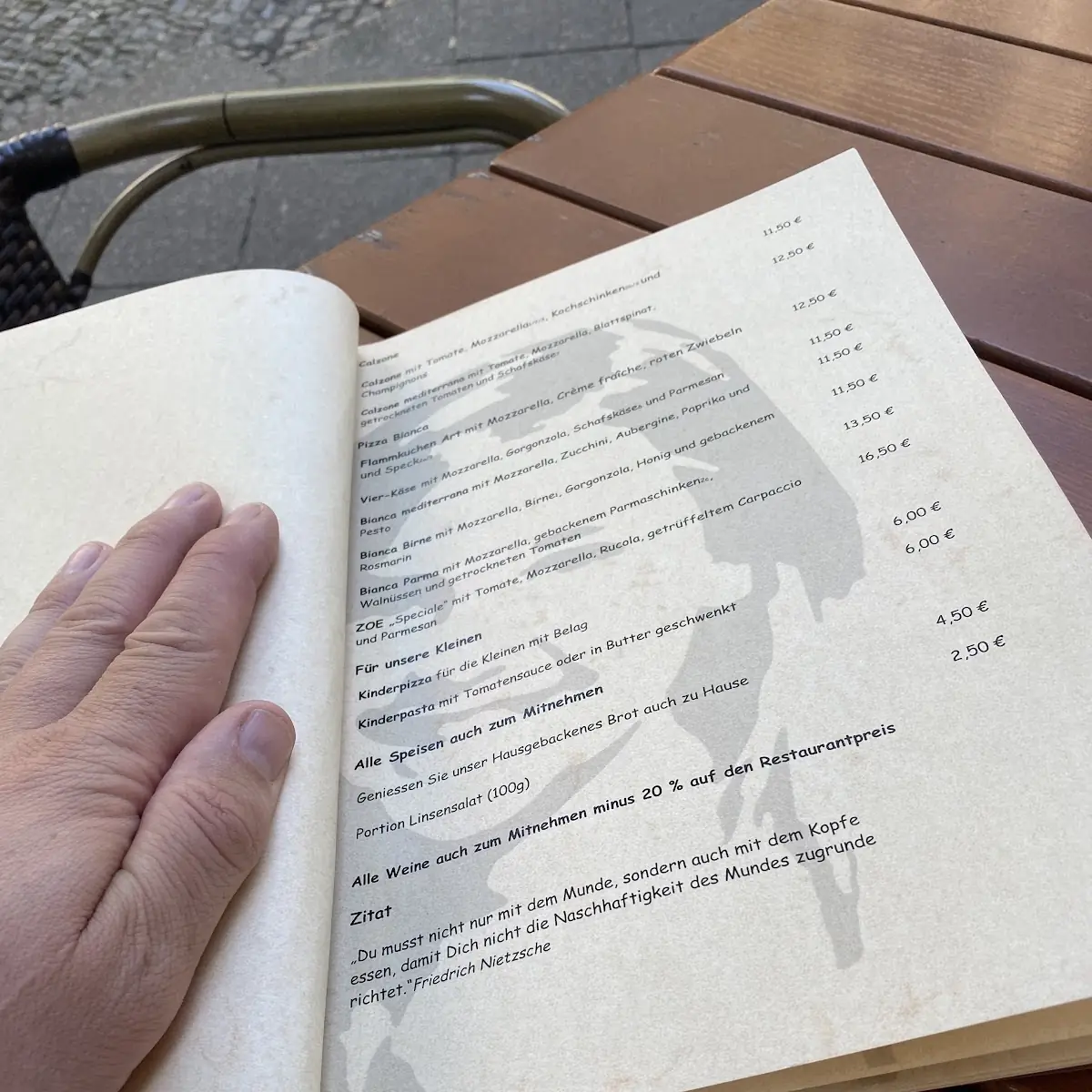 Speisekarte, Trattoria Zoe