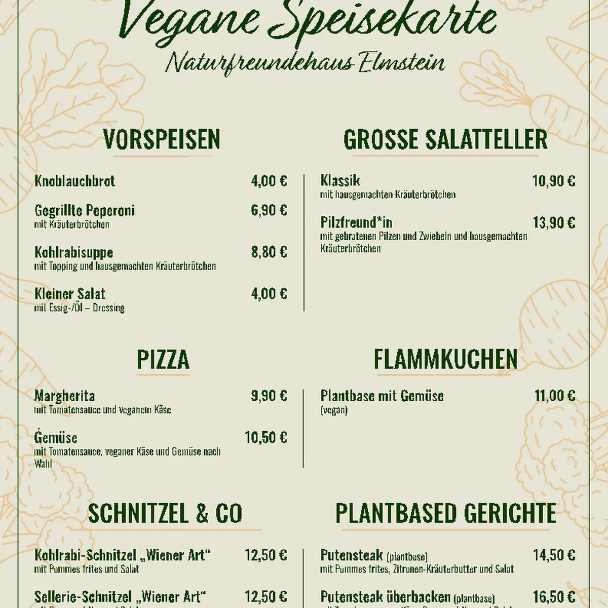 Speisekarte, Naturfreundehaus Elmstein