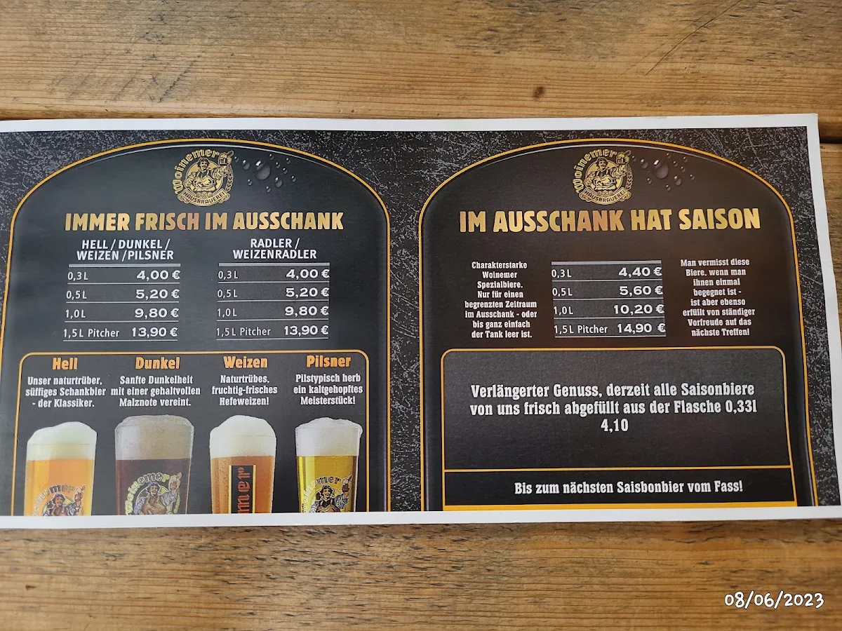 Speisekarte, Woinemer Hausbrauerei