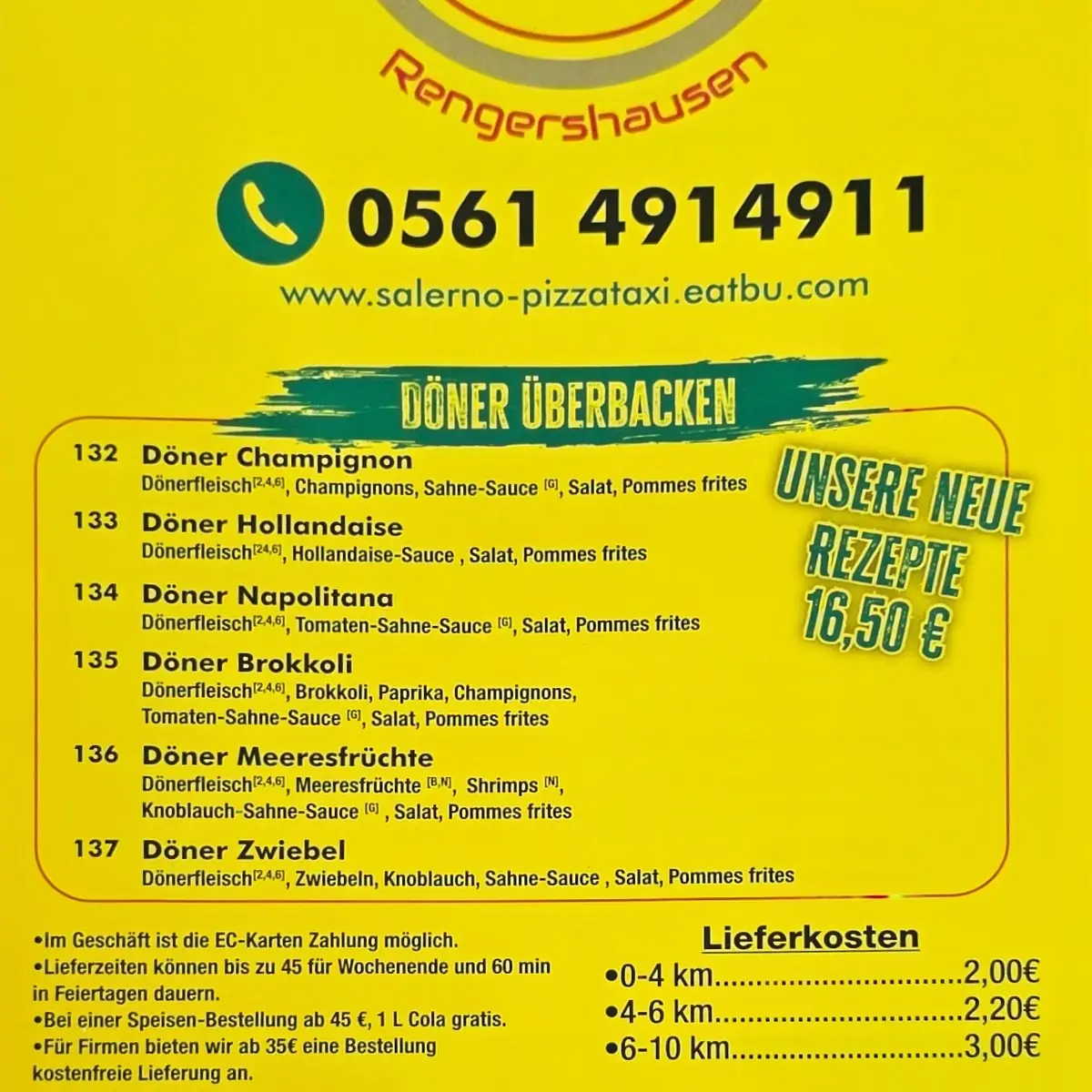 Speisekarte, Salerno Pizza Taxi Baunatal