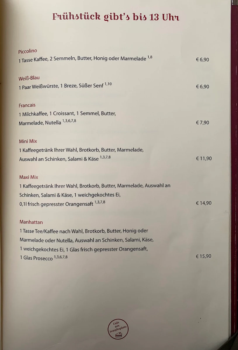 Speisekarte, Café am Josephsplatz