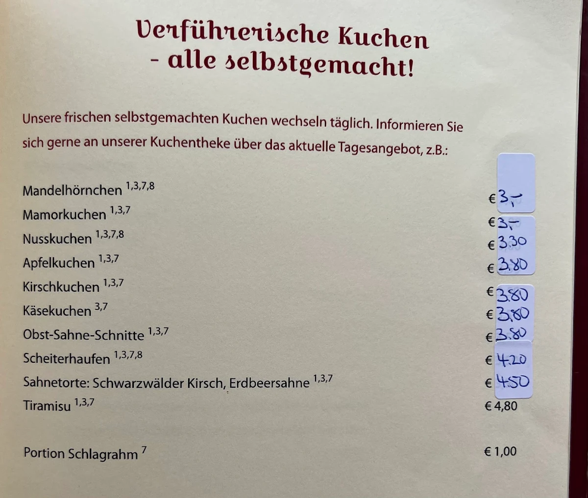 Speisekarte, Café am Josephsplatz