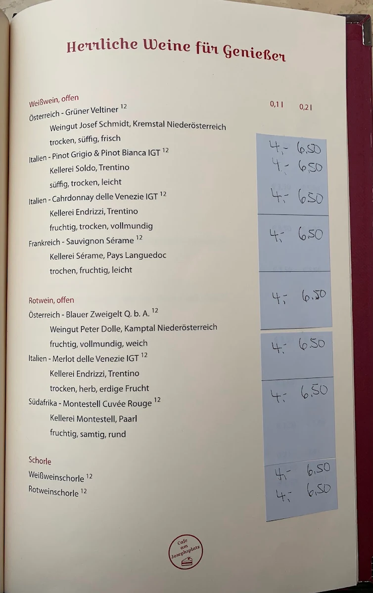 Speisekarte, Café am Josephsplatz