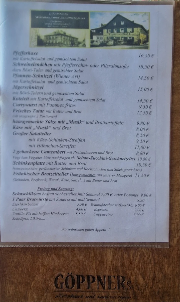 Speisekarte, GÖPPNERs Wirtshaus und Landmetzgerei