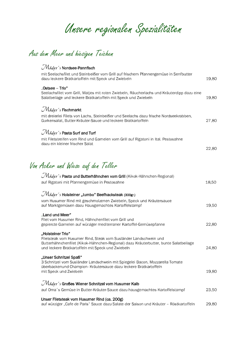 Speisekarte, Mäder's Restauration