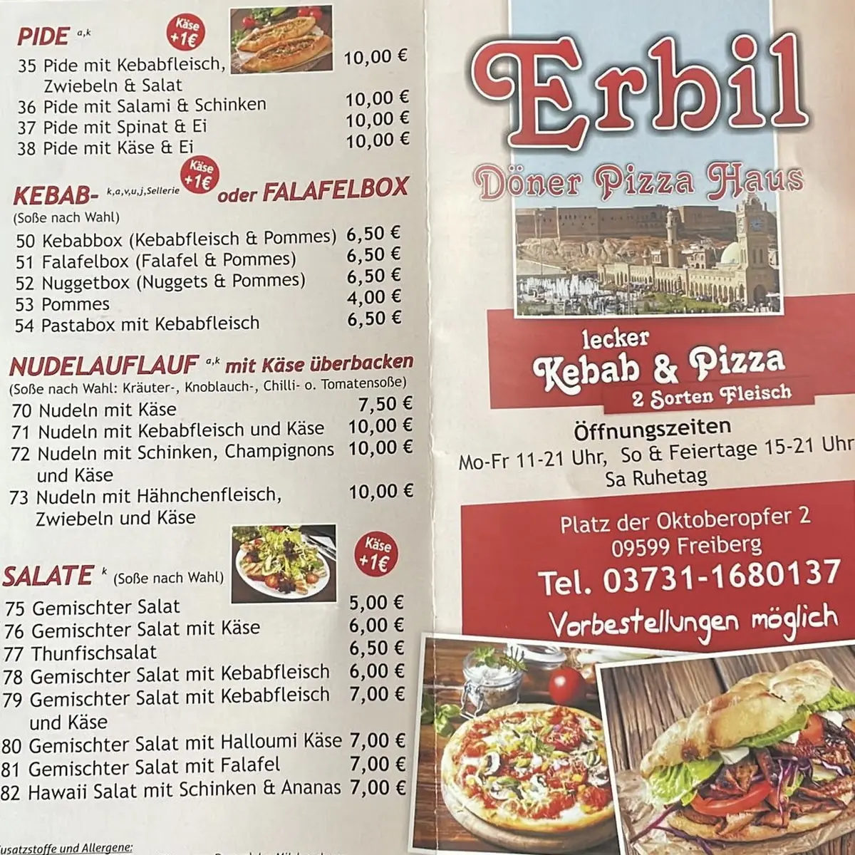 Speisekarte, Erbil Döner & Pizza Haus