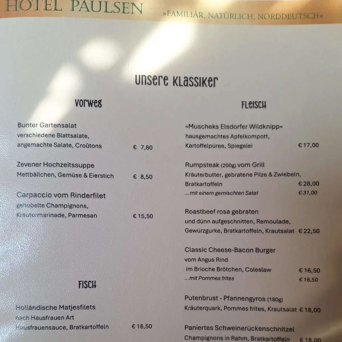 Speisekarte, Hotel Paulsen, Ralph Paulsen e.K.